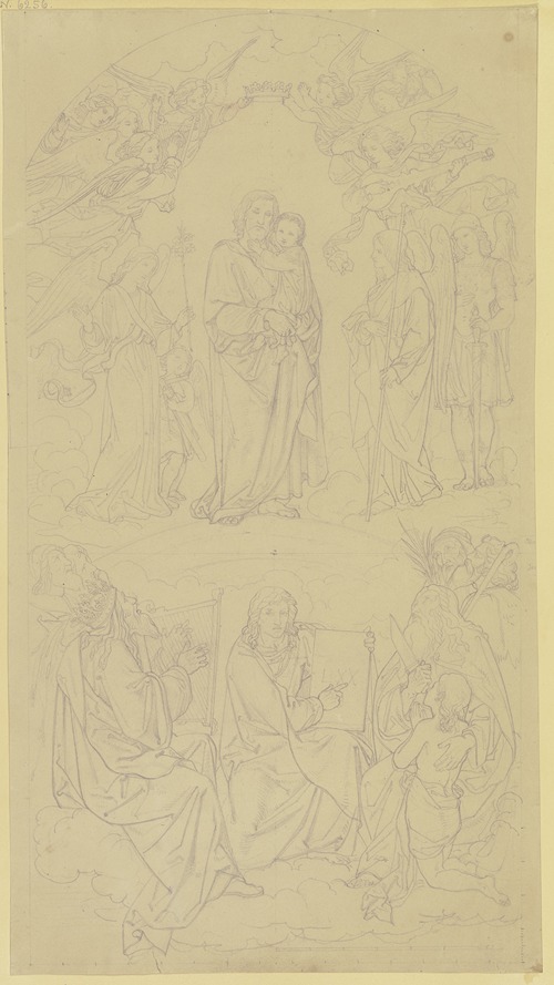 Joseph mit dem Jesuskind auf dem Arm, von musizierenden und ihn krönenden Engeln umgeben, unten König David und Abraham mit Isaak