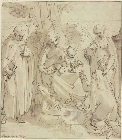 Madonna unter einem Baum zwischen zwei Heiligen, eine kniende Nonne hält dem Jesuskind ein Herz entgegen (Sacra conversazione)