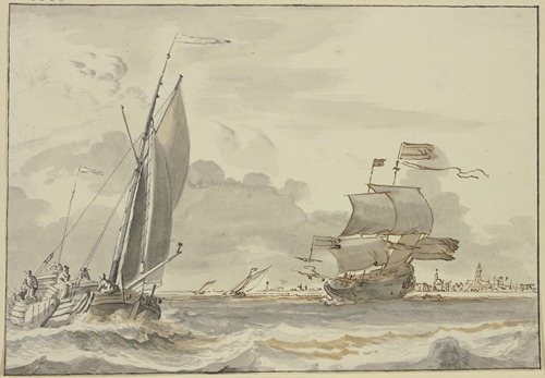 Bewegte See, nach rechts segelndes Schiff, links eine Barke mit vier Mann, im Hintergrund eine Stadt