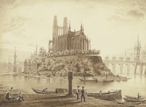 Gotischer Dom, von einem Fluß umgeben, in einer Stadt