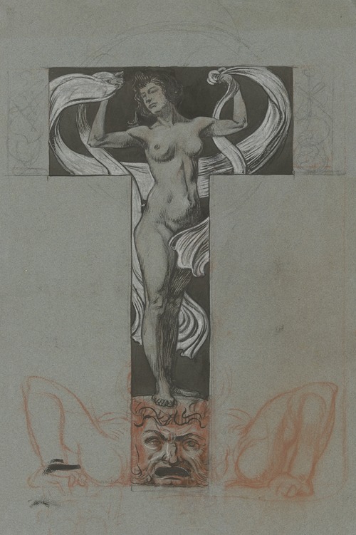 Stehender weiblicher Akt mit ornamentaler Draperie