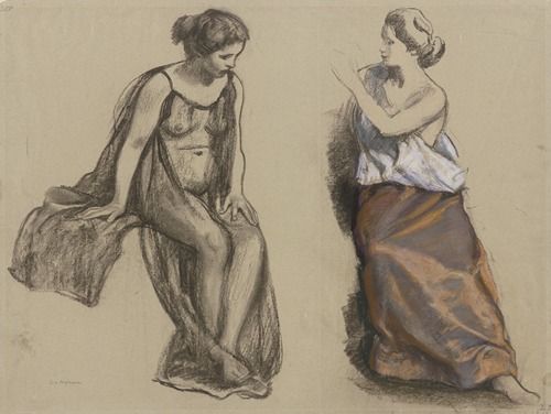 Studienblatt; Zwei Frauen, sitzend, in unterschiedlicher Bekleidung