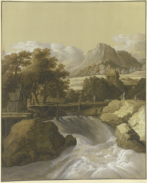 Ein reißender Bach mit einer Brücke und Blick in ein Tal