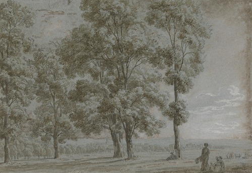 Gruppe von fünf hohen Bäumen mit Durchblick auf eine weite Landschaft, rechts vorne eine sitzende und eine stehende Frau und ein Kind