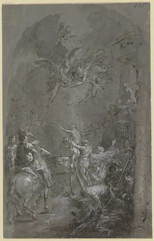 Martyrium des Heiligen Veit, der nackte Heilige, von Folterknechten umgeben, am Ölkessel, in der Luft Engel mit der Märtyrerkrone