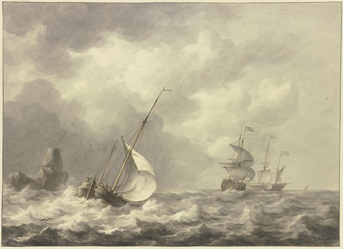 Drei Schiffe und Boot nach rechts, viertes Boot ist in die Brandung eines Felsens geraten.