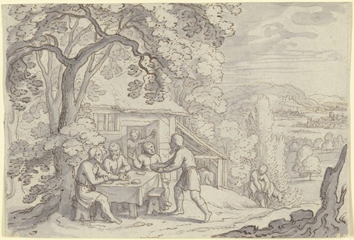 Abraham bewirtet die drei Engel unter einem Baum vor seinem Haus