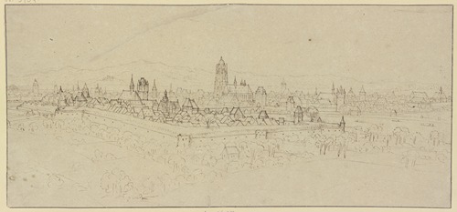 Blick auf Frankfurt am Main vom Mühlberg aus gesehen, im Vordergrund, von der Stadtmauer umschlossen, Sachsenhausen