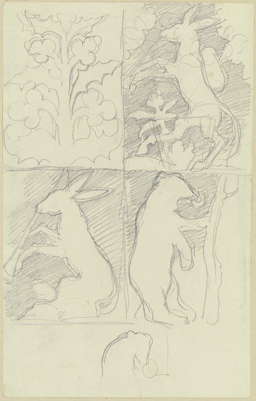 Kunstgewerbliche Entwürfe, in vier Feldern; Symmetrisches Gewächs, Esel mit Rucksack, Musizierender Esel und Bär mit Nasenring