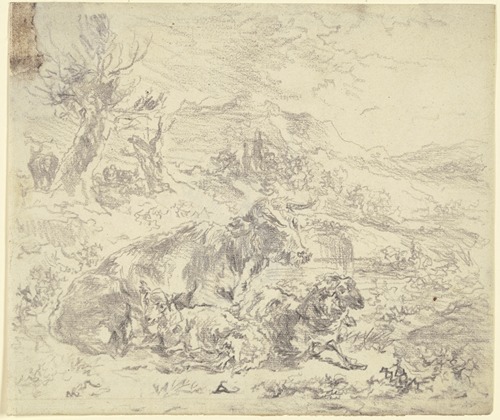 Eine Kuh, eine Ziege und ein Schaf beieinander in einer bergigen Landschaft liegend