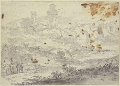 Landschaft mit einer Stadt und einer großen Brücke mit drei Bögen, vorne links drei Figuren