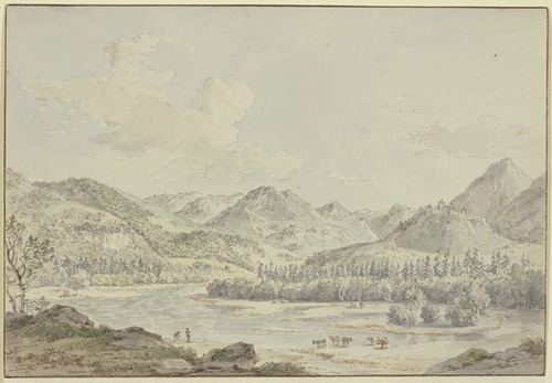 Ein Schweizer Tal mit einem Fluß zwischen Tannenwäldern, rechts auf dem Berg ein Schloß, vorne fünf Kühe