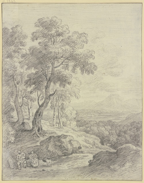Landscape with a view of a mountain range, a man and his wife sitting on a slope in front
