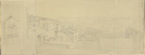 Aussicht von der Wohnung des Künstlers über die Dächer von Perugia mit dem Haus des Perugino, aus dessen Fenster ein Raucher blickt