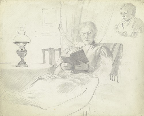 Luise Scholderer lesend mit Tisch und Lampe, Brustbild einer weiblichen Figur im Hintergrund