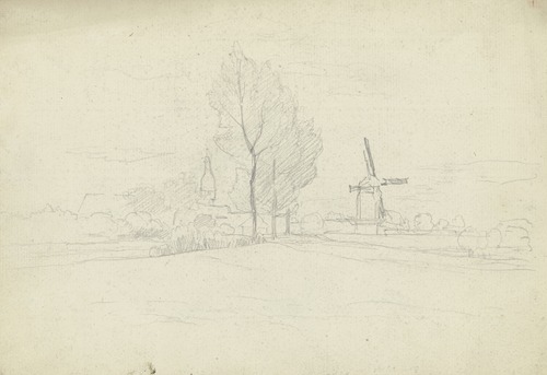 Stadt mit Windmühle und Baumreihe