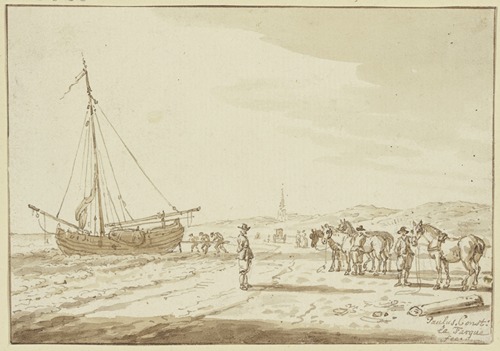Meeresstrand, Pferde stehen bereit, ein Schiff auf das Land zu ziehen