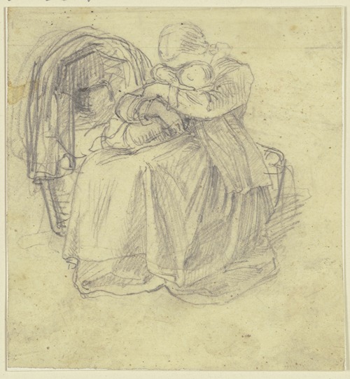 A girl sits by a cradle and holds a small child on her lap with both arms, their faces nestled together
