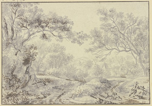 Waldweg, im Hintergrund ein Haus, vorne rechts zwei Rastende