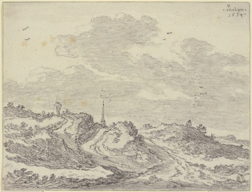 Hügeliges Terrain mit Schafherde und Schäfer, in der Ferne ein Kirchturm