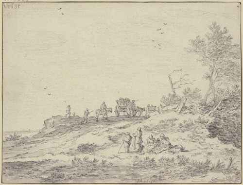 Wagen, Reiter und Fußgänger auf abschüssigem Terrain, im Vordergrund eine Gruppe ruhender Wanderer