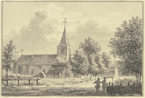 Kirche an der Landstrasse, rechts zwei Männer, der eine trägt eine Sense