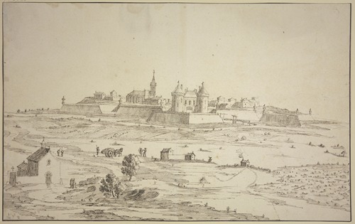 Ansicht einer befestigten Stadt, links vorne eine Kapelle