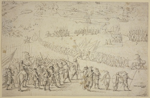 Entwurf zu einer Belagerung, vorne links halten zwei Befehlshaber in der Mitte von Schützen, im Hintergrunde sind Kanonen aufgepflanzt und ein Zug Infanterie