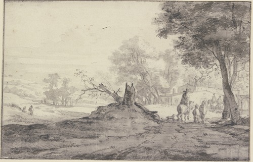 Landschaft mit Bäumen und Häusern, in der Mitte die Reste eines abgehauenen Baumes, Reiter und Fußgänger