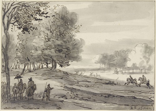 Landschaft mit einer Parforcejagd, links eine Dame zu Pferde mit einem Sonnenschirm