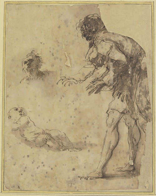 A man looks down at an infant lying on the ground; above there is a head study