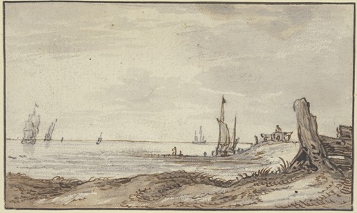 Meeresstrand mit ruhiger See, rechts im Mittelgrunde hält ein Wagen, sieben Segel in Sicht