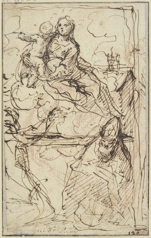 Thronende Madonna, vor ihr ein heiliger Bischof und ein weiterer Heiliger