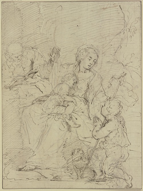 Die Heilige Familie, der Heilige Joseph liest in einem Buch, der Johannesknabe betet das Jesuskind an