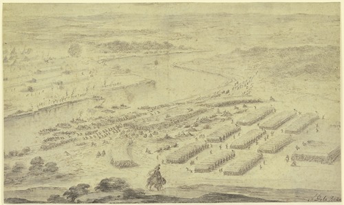 Eine Schlacht an einem Fluss, die eine Armee setzt auf Flößen über denselben