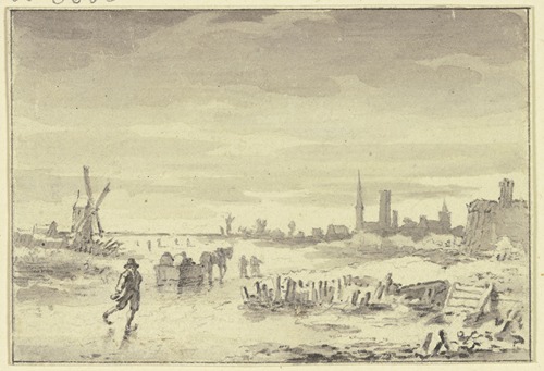 Winterlandschaft, rechts eine Stadt, links eine Windmühle, in der Mitte ein Schlittschuhläufer