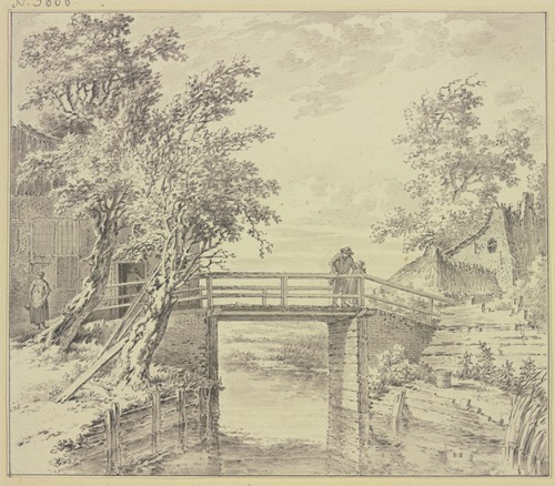 Zwischen Häusern eine Brücke über einen Kanal, auf welcher ein Mann und ein Mädchen stehen
