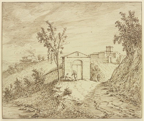 Italienische Landschaft, vor dem Tore einer Villa sitzt eine Frau, die einem Mönche ein Almosen gibt