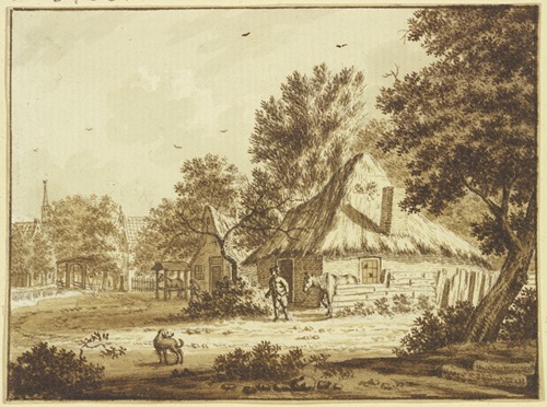 Bauerndorf, ein Mann führt ein Pferd aus seinem Hof, vorne ein Hund