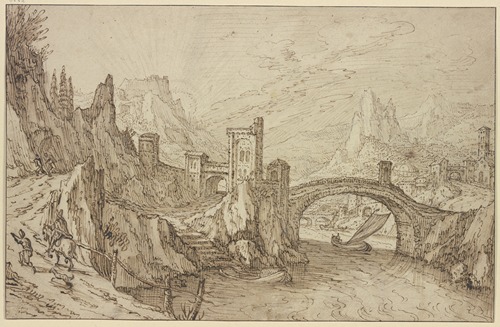 Felsiges Flußtal, im Vordergrund eine Bogenbrücke, rechts eine Stadt