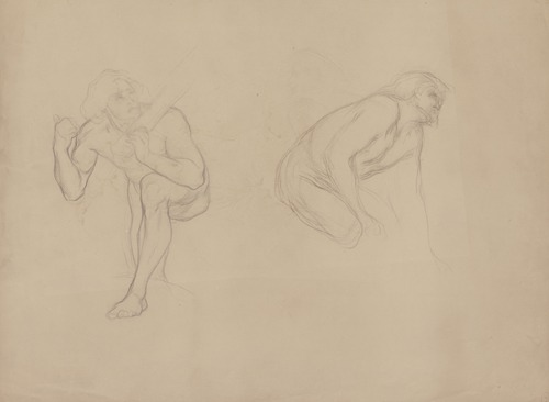 A male nude in a bent position with his left leg raised, carrying an object on his shoulder, next to him a crouching male nude to the right
