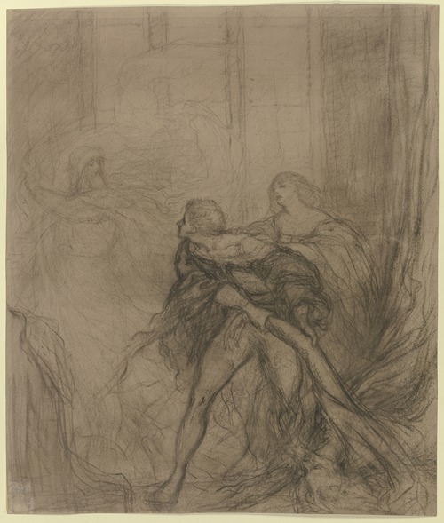 Hamlet mit seiner Mutter Gertrude und dem hinter einem Vorhang getöteten Polonius, im Hintergrund der Geist des Vaters, seine Forderung nach Rache erneuernd