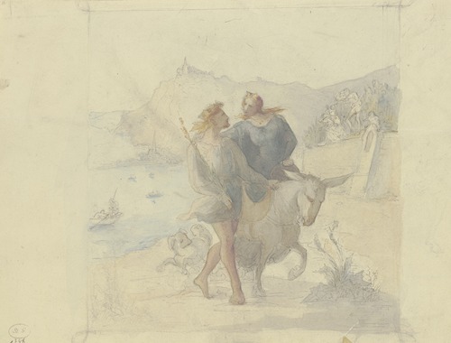 Junger König, die auf einem Esel reitende Königin durch eine Landschaft führend