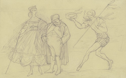 Ungleiches Paar, von rechts eilt ein dandyhaft gewandeter Wilhelm I. herbei
