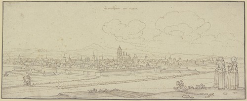 Frankfurt am Main von der Südseite gesehen, rechts im Vordergrund zwei Damen