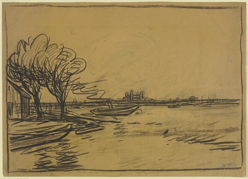 Flusslandschaft mit romanischem Kirchbau
