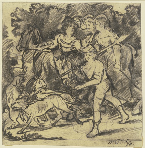 Zwei Edelfräulein und ein Knappe reiten auf die Jagd, dabei Bursche und Rüden
