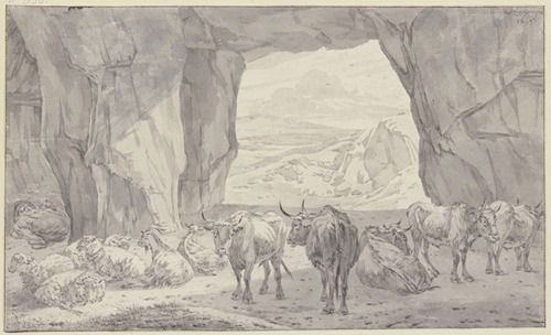 Fünf Ochsen, vier Schafe und zwei Ziegen bei dem schlafenden Hirten in einer Höhle