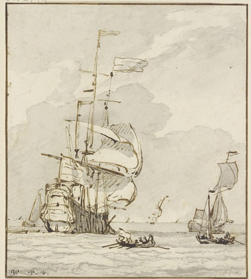 Großes Schiff von links nach hinten segelnd, vorne ein Ruderboot und mehrere andere Schiffe