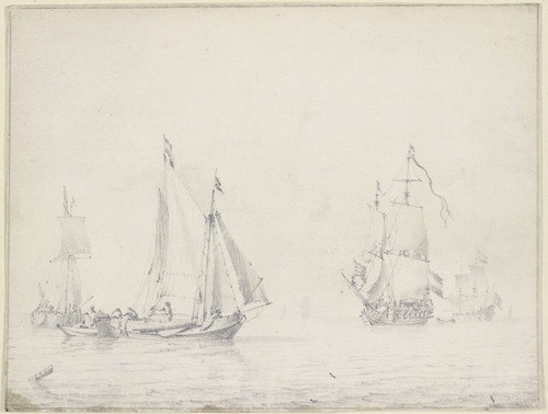 Links drei Barken, rechts zwei größere Schiffe unter vollen Segeln